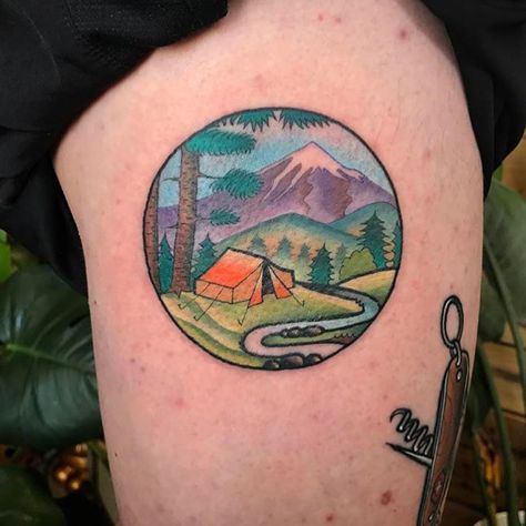 Surfing Tattoo, Moutain Tattoos, Tattoos Nature, Camping Tattoo, Bestie Tattoo, Circle Tattoos, Mountains Forest, Mountain Camping, Nature Background Images