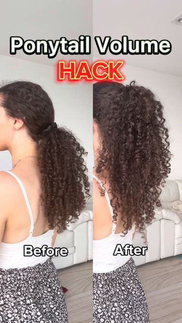 Hair Volume Tricks, Ponytail Trick, Curly Hair Up, Curly Hair Ponytail, Curled Ponytail, Thin Curly Hair, Pony Hairstyles, High Ponytail Hairstyles, Curly Hair Tutorial