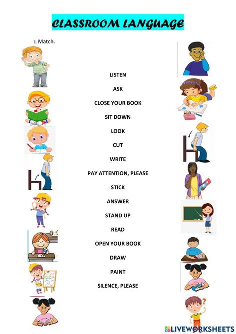 Classroom language online exercise for THIRD GRADE. You can do the exercises online or download the worksheet as pdf. Classroom Language For Kids, Classroom Language Worksheet, Classroom Phrases, Preschool Classroom Rules, Classroom Commands, Second Language Teaching, Class 1 Maths, Esl Classroom, English Exercises