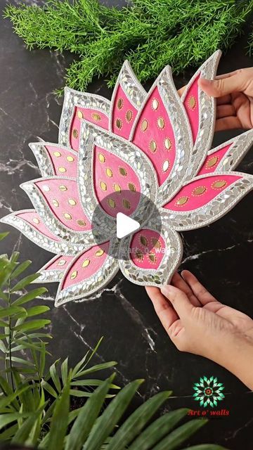 Chhaya Meena on Instagram: "Lotus 🪷 A symbol of purity n grace Our client UK wanted a large Lotus wall Art for her home entrance and wanted it to b n eye catchy one.. The dense border of mirrors  looks 3d, blings when seen from any direction and some motifs inside to compliment. We absolutely loved this artwork 😍  Lotus painting helps promote harmony, wealth, and positive energy in ur home.  The diy kits are available now.. learn n create with me at my lippan Art Online Masterclass coming up soon For more details.. Checkout link in bio or connect on whatsapp catalog 6382668709  Stay creative ✨️  #artowalls #lotus #vastu #explorepage #reelsinstagram #trendingnow #homedecor #lippanart #instagramindia #indiansinuk #nriindians #flowersofinstagram #peace #creativeideas #floraldesign #trending Lotus Lippan Art Design, Art N Craft Creative, Lotus Lippan Art, Lippon Art Designs, Lotus Craft, Diy Lotus, Lippon Art, Lotus Artwork, Thermocol Craft