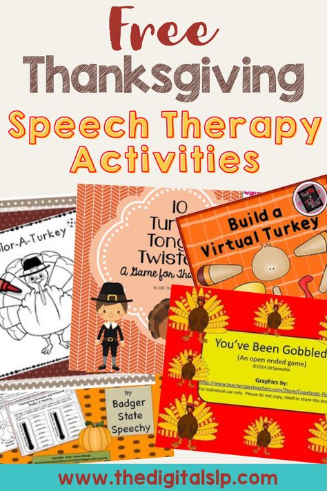 Looking for fun speech therapy activities this Thanksgiving? I've rounded up five Thanksgiving speech therapy freebies. It features fun Thanksgiving speech therapy games and language activities you can enjoy with your students. | The Digital SLP Thanksgiving Speech And Language Activities, Virtual Speech Therapy Activities, Thanksgiving Slp Activities, November Speech And Language Activities, Thanksgiving Articulation Activities, November Speech Therapy Activities, Thanksgiving Speech Therapy Activities, Fall Speech Therapy Activities, Thanksgiving Language Activities