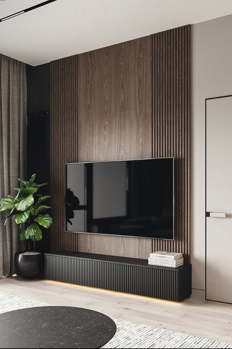 Dark Tv Unit Wall, Tv Marble Unit, Wood Up Tv Wall, Classic Modern Apartment Interior Design, Slat Wall Media Wall, Tv Set Design Living Room, Tv Wall Black, Tv Wall Ideas Bedroom, Minimal Tv Wall Design