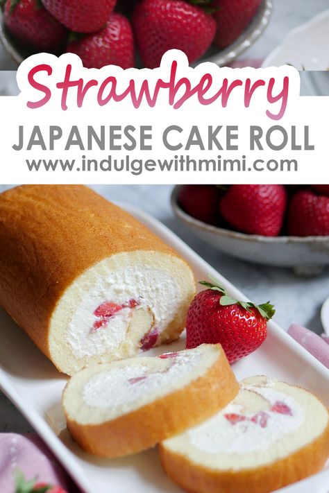 strawberry cake roll with two slices cut open with strawberries in the back. Japanese Cake Roll, Desserts Japonais, Strawberry Roll Cake, Swiss Cake, Japanese Cake, Cake Roll Recipes, Strawberry Cream, Japanese Dessert, Asian Desserts