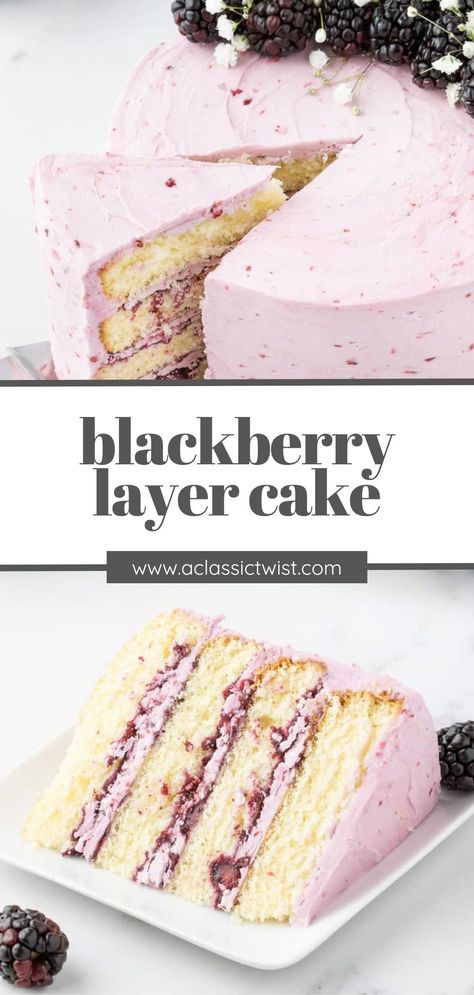 This cake combines the tartness of blackberries with four layers of moist cake. The jam between the layers is a simple homemade recipe that uses fresh blackberries, sugar, and lemon juice to bring out the flavor of the berries. So, so good! Blackberry Coffee Cake Recipes, Blackberry Layer Cake, Layered Fruit Cake, Wedding Fruit Cake Recipe, Different Flavor Cakes, Fruity Cake Recipes, Best Cake Flavors Combinations, Spring Cake Flavors, Cake Flavours Ideas