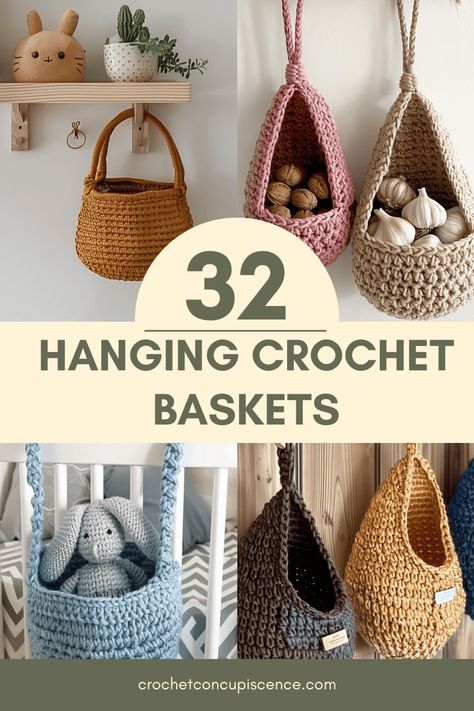 Easy Hanging Basket Crochet Pattern Wall Basket Crochet Pattern, Free Hanging Basket Pattern, Large Crochet Hanging Basket Pattern Free, Crochet Hanging Basket Pattern Free Easy, Crochet Project Storage, Crochet Produce Basket, Crochet Hanging Baskets Free Patterns Storage, Diy Crochet Hanging Basket, Crochet Hanging Storage Baskets