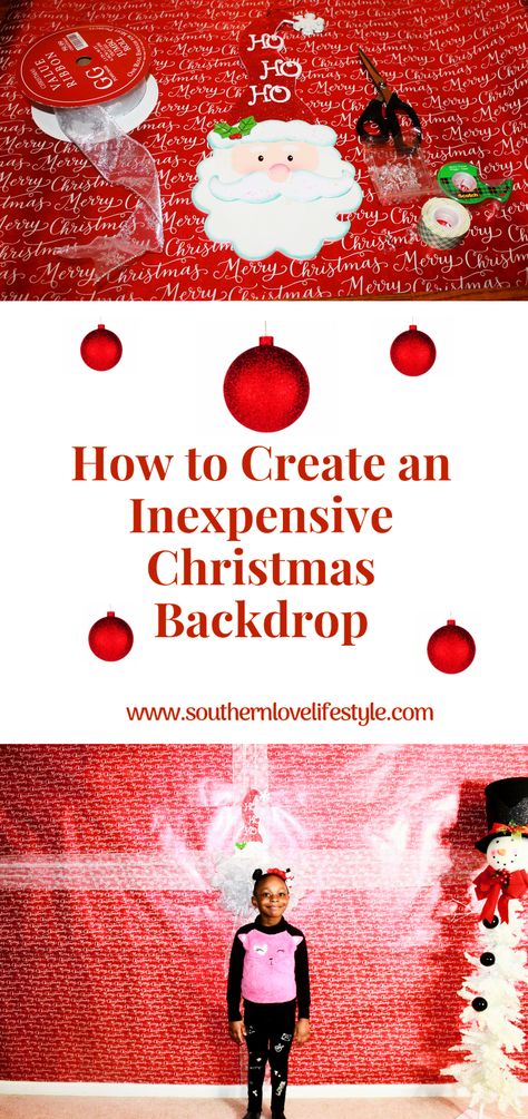 Hey Y'all! A Christmas backdrop is something that is needed at any holiday party.  In this post, I’m going to show y’all how to make an inexpensive backdrop with wrapping paper.  I am extremely excited because I love to entertain and the best thing about throwing parties are the memories that are being made. I am also a photographer, so I am believer in taking pictures at any event that I have or any event that I attend. #christmaspartyideas#christmasdecoratingideas#diy#christmasdecor# Christmas Backdrops For Photos Diy Simple, Wrapping Paper Backdrop Christmas, Holiday Backdrop Ideas Diy Photo Booth, Wrapping Paper Photo Backdrop, Diy Holiday Backdrop Ideas, Christmas Photo Back Drop Ideas, Diy Christmas Backdrop Ideas Backgrounds, Christmas Party Photo Backdrop Ideas, Christmas Diy Photo Backdrop