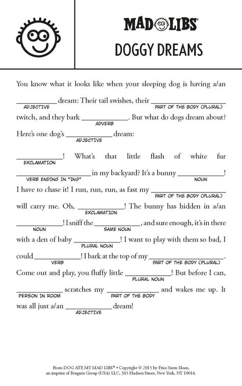 A Mad Libs perfect for dog lovers! Our 48-page book features original 21 original stories inspired by man's best friend. This book is an incredible bargain that even Fido won't want to pass up! Mad Libs For Teens, Free Mad Libs, Mad Libs For Kids, Mad Libs For Adults, Funny Mad Libs, Mad Libs Printable, Substitute Binder, Babysitting Crafts, Mad Libs