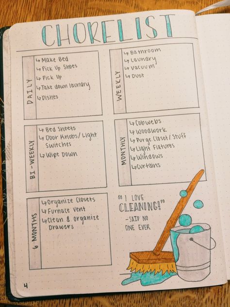 Chore Chart - bullet journal Chores Journal Ideas, Cute Lists Bullet Journal, Bullet Journal Chore Tracker, Bujo Chore Tracker, Chore Chart Ideas Diy, Bullet Journal To Do List Layout, Bullet Journal List Ideas, Monthly Chore Chart, Bullet Journal To Do List