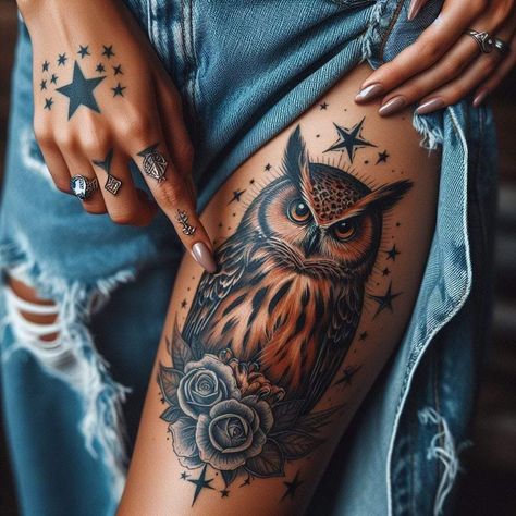 Half Owl Tattoo, Jungle Tattoo Ideas, Female Half Sleeve Tattoo, Half Sleeve Tattoo Upper Arm, Female Half Sleeve, Realistic Owl Tattoo, Jungle Tattoo, Cute Thigh Tattoos, Mystical Tattoos