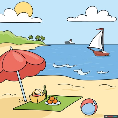 Learn How to Draw a Summery Scenery: Easy Step-by-Step Drawing Tutorial for Kids and Beginners. See the full tutorial at https://easydrawingguides.com/how-to-draw-a-summery-scenery/ . Drawing On Summer Season, Step By Step Drawing Scenery, Cartoon Scenery Landscapes, Summer Vacation Drawing Ideas, Scenary Drawings For Kids, Kids Scenery Drawing, Summer Season Drawing For Kids, Scenery To Draw, Beach Drawing For Kids