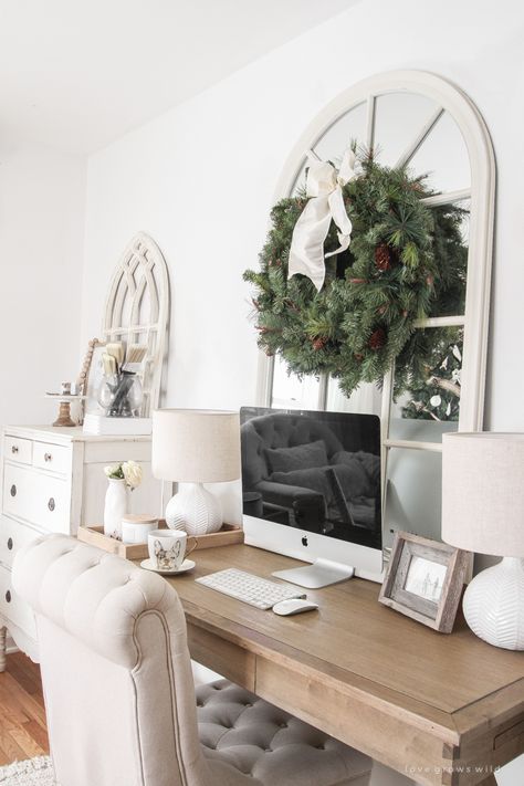 Step inside Indiana home and lifestyle blogger Liz Fourez's charming 1940's farmhouse for simple and inspiring Christmas decorating ideas 1940s Farmhouse, Tufted Desk Chair, Ideas House Design, Workspace Ideas, Bamboo Roman Shades, Handmade Sheet, Affordable Sofa, Sitting Chair, Wood Framed Mirror