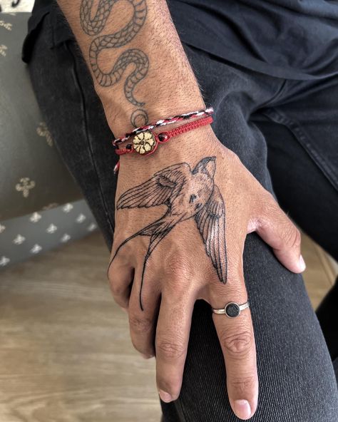 Bird Tattoo Men Hand, Birds Hand Tattoo, Men’s Bird Tattoo, Bird On Hand Tattoo, Tatoos Men Ideas Hand, Men S Hand Tattoo, Bird Tattoo On Hand, Phoenix Hand Tattoo, Bird Tattoo Hand