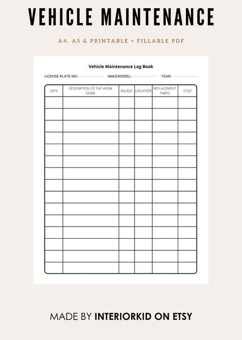 A vehicle Maintenance Log is important to track maintenance and repair. Car Maintenance book | Maintenance journal | Repair Digital Template | Small Business | Vehicle Service Log Print | A4, A5, Letter, PDF This Vehicle Maintenance Log can also be used for personal or small business purposes to record and track vehicle maintenance. ► NATURE OF PRODUCT THIS IS A DIGITAL DOWNLOAD, NO PHYSICAL ITEM WILL BE SHIPPED. ► TERMS OF USE After Purchasing this file, you are allowed to use this file as many times as you want for your personal use, but you're not allowed to re-sell, alter this image or claim this image as your own. ► Refunds/Return Due to the digital nature of this product, I cannot offer a refund or exchange on your purchase. However, if you have any problems with the download or file Car Maintenance Log, Vehicle Maintenance Log, Vehicle Maintenance, A5 Printables, Log Book, Bullet Journal Writing, Planner Ideas, Digital Nature, Car Maintenance