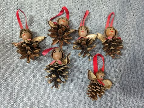 LOT VINTAGE PINECONE ACORN NUT RIBBON ANGEL CHRISTMAS TREE ORNAMENT HAND MADE | eBay Pine Cone Angel Ornament, Cotton Boll Ornaments, Christmas Pinecones Decorations, Bed Springs Repurposed, Bead Wreath Ornament, Bobbin Crafts, Pinecone People, Pinecone Angels, Pinecone Animals