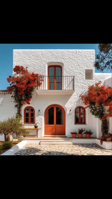 Mexican Home Design Exterior, Colorful Mexican Houses Exterior, Modern Mexican House Exterior, Mexican Adobe House, Spaniard House, Pueblo Revival Architecture, Spanish Holiday Home, Modern Mexican Color Palette, Spanish Adu