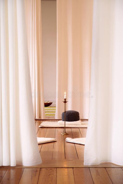 Meditation room with white curtains. In a yoga studio , #AD, #white, #room, #Meditation, #studio, #yoga #ad Home Meditation Space, Meditation Room Design, Yoga Room Design, Home Yoga Room, Deco Zen, Studio Pilates, Meditation Studio, Yoga Studio Design, Meditation Room Decor