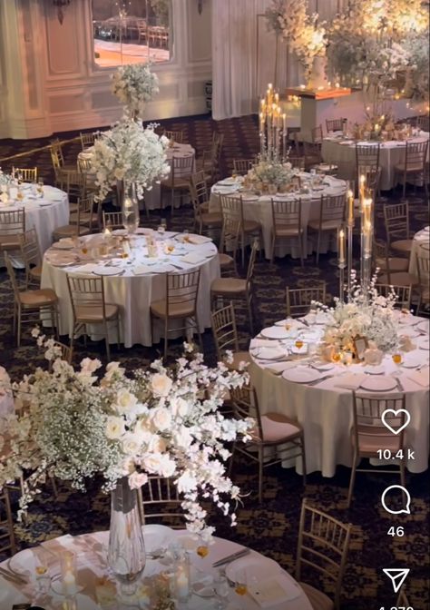 Elegant Flowers Arrangements, Wedding Venue Centerpieces, Family Table Wedding Decor, High Wedding Centerpieces, White Reception Decor, Wedding Crystal Centerpieces, White Wedding Decor Elegant Indoor, White Flowers And Greenery Wedding Reception, Large Wedding Centerpieces