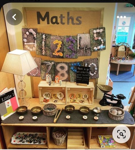 Reggio Inspired Maths Area, Natural Maths Display Eyfs, Early Years Numeracy Area, Nursery Maths Display, Reggio Maths Area, Nursery Maths Area, Maths Area Nursery, Maths Display Eyfs, Natural Classroom Displays