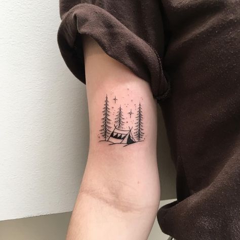 Outdoor Tattoos, Olivia Tattoo, Small Nature Tattoo, Outdoor Tattoo, Nature Tattoo Ideas, Camping Tattoo, Lovers Tattoo, Tattoo 2023, Hiking Tattoo