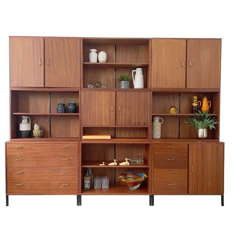 Listed on VNTG.com: Danish design wall unit in teak by Simpla Lux, 1960's | #vntg #vintage Mcm Wall Shelf Unit, Wall Shelf With Drawer, String Shelf, Wall Storage Unit, Midcentury Design, Teak Wall, Modular Walls, Floating Wall Shelves, Drawer Shelves