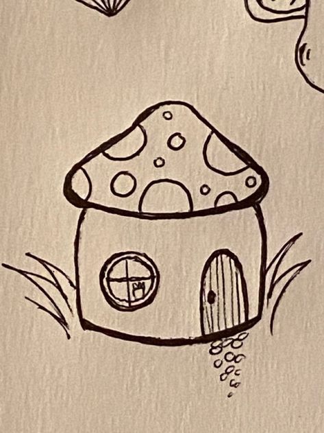 Cute Mushroom House, Cottagecore Drawing, Doodles Cute, Indie Drawings, Cute Mushroom, Mushroom House, Small Drawings, Easy Doodles Drawings, Easy Drawings Sketches