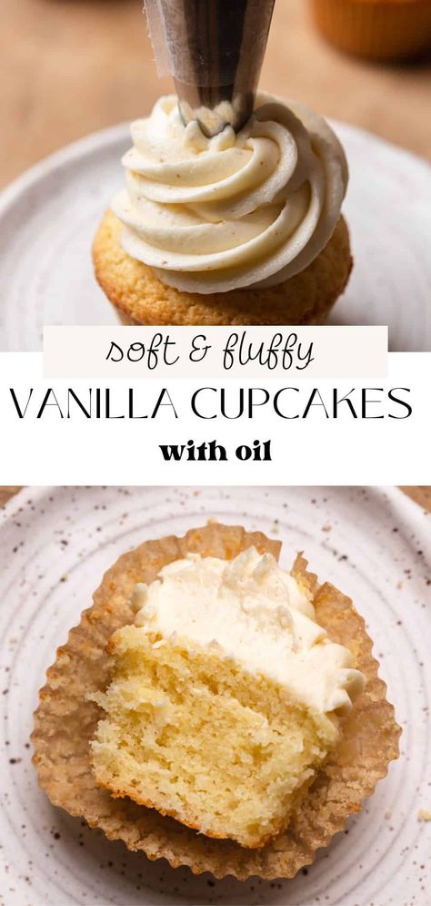 A classic vanilla cupcake is always a hit at any occasion, and these moist vanilla cupcakes with oil stay soft and fluffy for days because they're made with oil instead of butter. They're delicious with any kind of frosting and are super easy to make, coming together in minutes with pantry staple ingredients. One Bowl Vanilla Cupcakes, Best Frosting For Vanilla Cupcakes, Vanilla Cupcakes With Buttermilk, Oil Cupcake Recipe, Basic Vanilla Cupcake Recipe, Vanilla Buttermilk Cupcakes, Vanilla Baked Goods, Vanilla Cupcakes No Butter, Vanilla Cupcakes With Oil