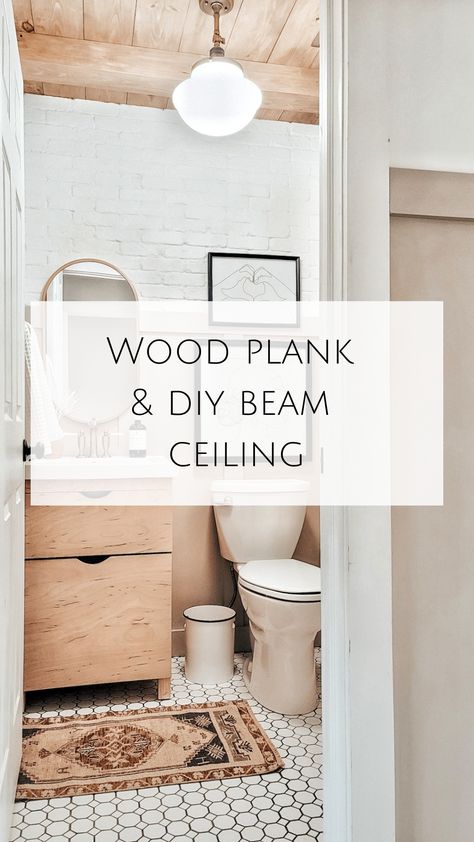 Planked Powder Room Ceiling with beams | Showit Blog Wood Ceiling Powder Room, Wood Beam Ceiling Bathroom, Wood Panel Bathroom Ceiling, Beams In Bathroom Ceiling, Bathroom Plank Ceiling, Planked Bathroom Ceiling, Faux Wood Plank Ceiling, Wood Ceiling Bathroom Ideas, Bathroom Cedar Ceiling