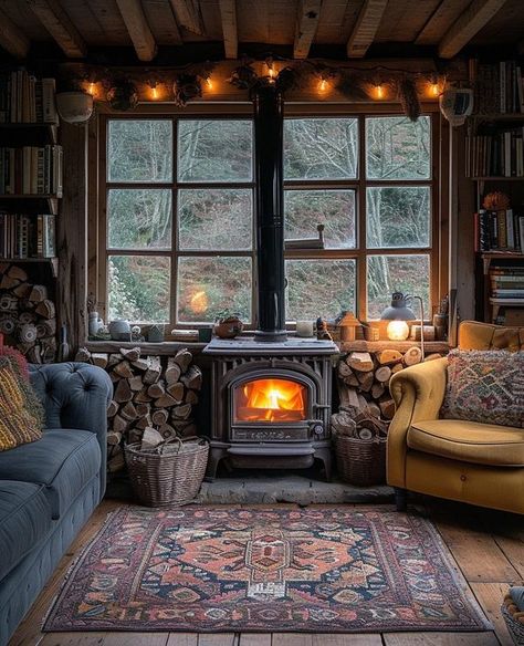 Rural Retreats Cozy Irish Cottage, Woodstoves In Living Rooms, Cabins In The Woods Interior, Rustic Playroom, Interior Cabin Ideas, Chalet Fireplace, Rustic Cottage Interiors, Irish Cottage Interiors, Tiny Cabins Interiors