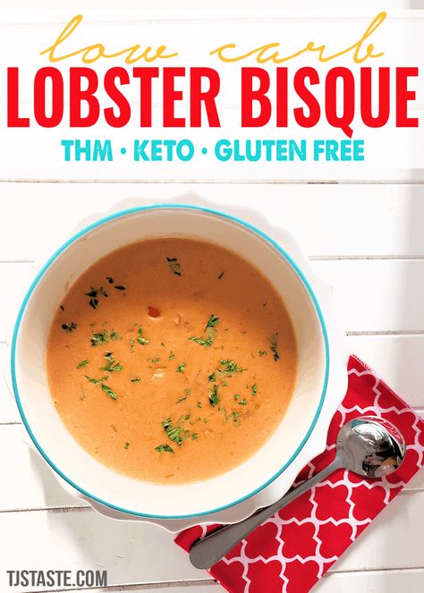 Low Carb Lobster Bisque • THM S • Keto • Gluten Free Keto Lobster Bisque, Keto Lobster, Seafood Bisque Recipe, Lobster Bisque Recipe, Keto Lunches, Keto Soups, Keto Gluten Free, Seafood Bisque, Food Seafood