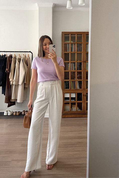 Shop Relaxed cashmere T-shirt and other curated products on LTK, the easiest way to shop everything from your favorite creators. Lilac Tshirt Outfits, Lilac Outfits, Casual Work Outfit Spring, Athleisure Essentials, Cozy Oversized Sweaters, Corporate Attire, Spring Work Outfits, Tshirt Outfits, Formal Attire