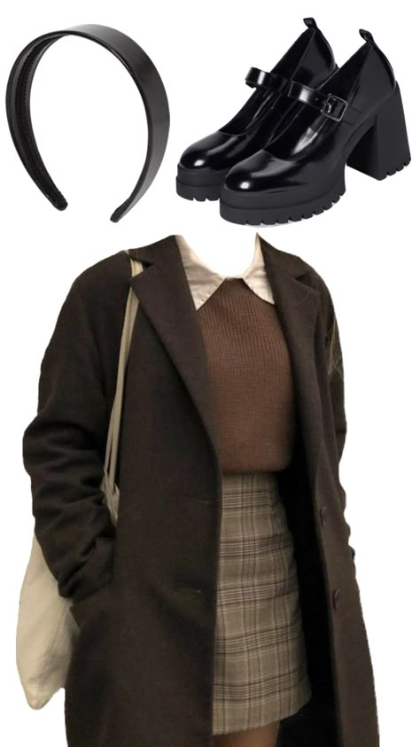 #outfitinspo Brown Fall Dress Outfit, November Outfits Aesthetic, Cottagecore Dark Academia Outfit, Detective Inspired Outfits, Dark Academia Clothes Women, Bsdcore Outfits, Acedima Aesthetic Outfits, Soft Academia Outfits, Author Outfits