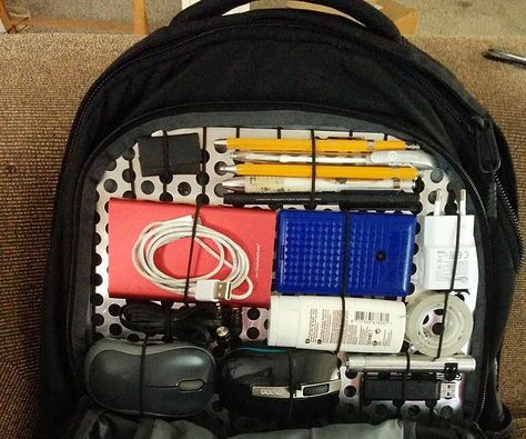 An organizer for your backpack (or other) that holds all your gadgets. The base is a perforated aluminium plate. The items are held in place with elastic paracord loops. The loops of cord can be easily customized to suit different size objects.Advantages over other organizers:- Fully customizable- Items are much more densly packed together than eg. 'Grid-it'- The aluminium looks much cooler Backpack Insert Organizers, Grid Organizer, Car Camping Organization, Backpack Organizer, Diy Backpack Pattern, Backpack Insert, Sustainable Backpack, Tactical Kit, Portable Office