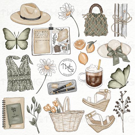 Spring Butterflies Fashion Illustrated Clipart Digital Stickers Icons Journaling Flowers Coffee Lemons Aesthetic Planner Icons Graphics Fun & quirky collection of original, hi-res, hand drawn clipart graphics. The perfect tool for artists, designers, planner stickers, scrapbooking, photo overlays, web/blog design and more!! The Flutterfly set features hand drawn elements in a spring journaling theme: butterflies, fashion accessories, lemons, books, journals, coffee, flowers, and spring stems. < April Digital Planner Stickers, Digital Scrapbook Stickers Aesthetic, Aesthetic Designs For Journals, Spring Stickers Aesthetic, Journal Stickers Ideas, Aesthetic Stickers For Journal, Journal Stickers Aesthetic, Digital Scrapbook Stickers, Overlays Web