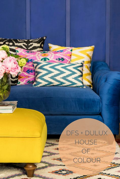 DFS and Dulux created a House of Colour and it was fabulous. Full of ideas and inspiration on how to inject some colour into your home. Yellow Lounge, House Of Colour, Easy Painting Projects, Sophie Robinson, Big Cushions, Mad About The House, Rooms Design, Yellow Sofa, Living Ro