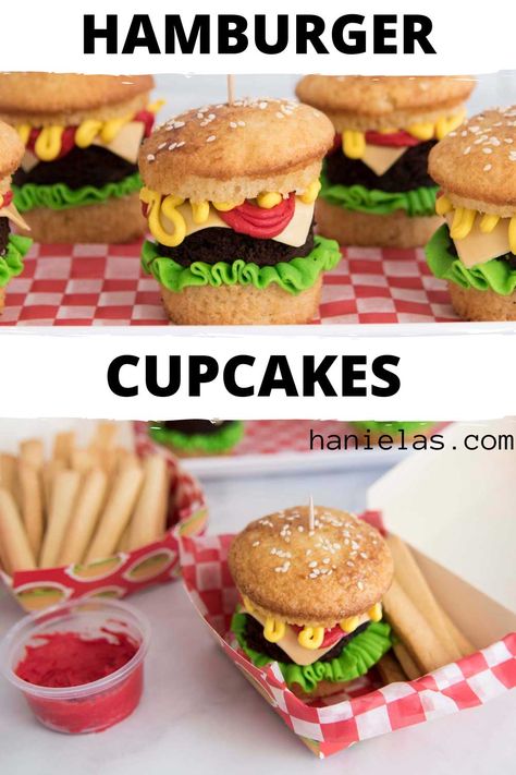 Hamburger Cake Pops, Hamburger Cupcakes And Fries, Hamburger Cake Tutorial, Burger And Fries Cake, Hamburger Birthday Party, Hamburger Cake Birthdays, Dessert Hamburgers, Hamburger Cake Ideas, Bbq Treats