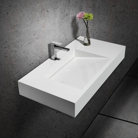 Wall-Hung Stone Resin Rectangle Bathroom Ramped Sink in Matte White or Glossy White  homery.com $399 Container Studio, Rectangle Bathroom, Bathroom Stuff, Wall Mounted Sink, Floor Bathroom, Resin Stone, Steam Showers Bathroom, Stone Sink, Powder Rooms