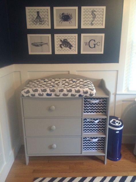 Wesley's nautical, navy and grey nursery - Grey changing table: IKEA, Prints: Etsy, Whale sheet: Land of Nod, Diaper pail: Ubbi Changing Table Ikea, Ikea Nursery Furniture, Boy Nautical Nursery, Ikea Baby Room, Grey Changing Table, Baby Bedroom Furniture, Navy Nursery Boy, Navy Blue Nursery, Ikea Baby