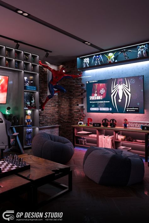 Man Cave Video Game Room, Boys Room Ideas Teenagers, Gamer Living Room, Sala Gamer, Gaming Bedroom Ideas, Lofted Cabin, Book Rooms, Games Room Inspiration, Boys Game Room