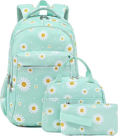 LEDAOU Backpack for Kids Girls Boys School Bags Teen Bookbags Set School Backpack with Lunch Box and Pencil Case Cool School Supplies For Middle School, School Backpacks Aesthetic, Daisy Backpack, Boys School Bags, Book Bags For Kids, Cute School Bags, Stylish School Bags, Insulated Lunch Tote, Green Daisy