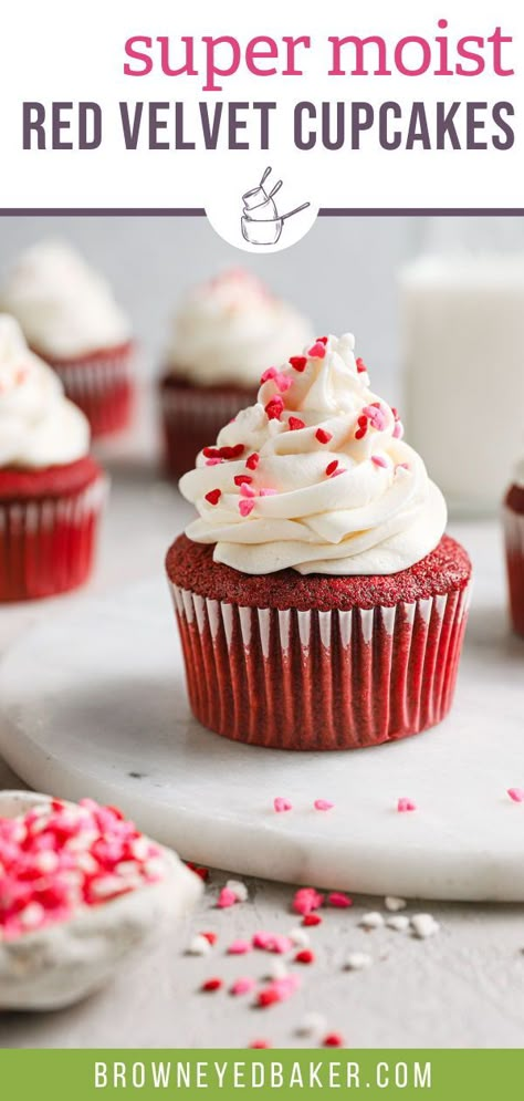 These red velvet cupcakes are a gorgeous red color, moist and fluffy, have the most amazing flavor, and are topped with a luscious cream cheese frosting. An easy recipe that is great year-round! Scratch Desserts, Velvet Desserts, Red Velvet Cupcakes Recipe, Cupcake Recipes From Scratch, Valentine Dessert, Brown Eyed Baker, Red Velvet Desserts, Valentines Day Recipes, Red Velvet Recipes