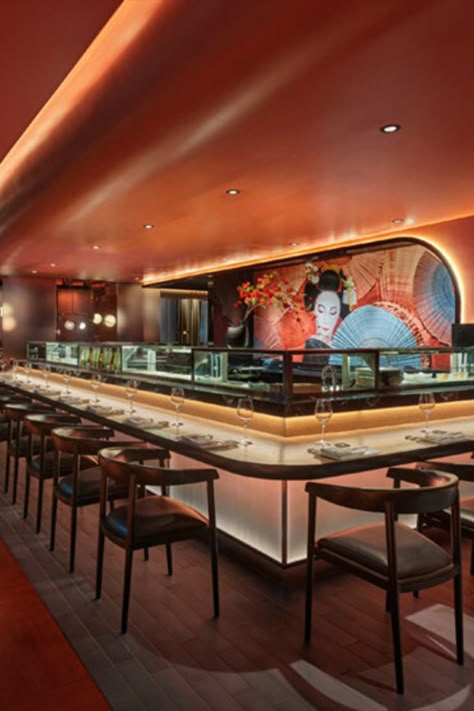 Rockwell Group created the interiors for Katsuya, which spans 7,000 sq ft inside the Five Manhattan West tower. The New York design studio opted for a dramatic approach to the restaurant’s interiors, filling its three dining areas (which can seat up to 305 guests) with colour, pattern and materials that wholeheartedly embrace Japanese tradition. #design #interiors #inspiration Korean Interior Design, Japanese Restaurant Interior, Japanese Restaurant Design, Rockwell Group, Japanese Steakhouse, Yabu Pushelberg, New York Design, Maximalist Interior, Japanese Interiors