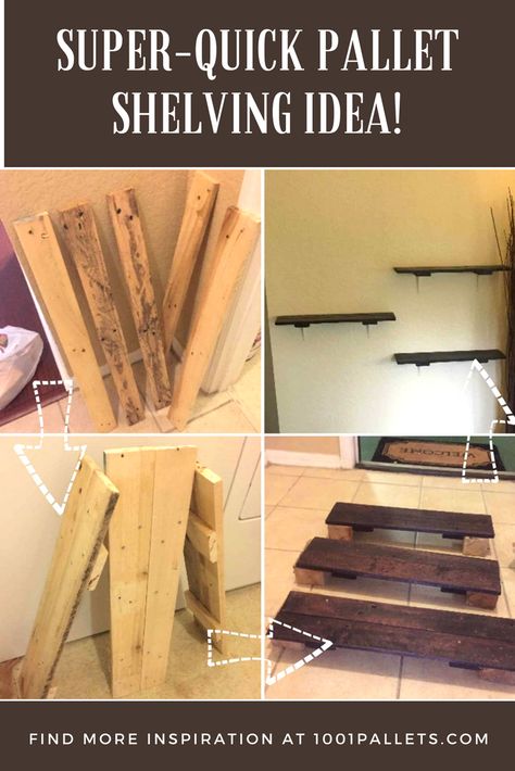 Impossibly Easy Rustic Pallet Shelving adds storage! Cut one pallet apart, upcycle old angle brackets, sand & stain and install in any room! #diypalletideas #1001pallets #awesomepalletideas via @1001Pallets Pallet Shelving, Pallet Projects Decor, Pallet Projects Wall, Table Palette, Repurpose Pallets, Pallet Wood Shelves, Pallet Wall Shelves, Pallet Bar Diy, Diy Pallet Sofa