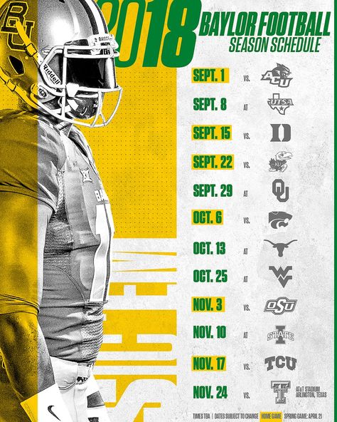 Baylor Schedule Graphic, Sports Infographic, Practice Schedule, Baylor Football, Football Calendar, Football Graphics, Posters Ideas, Sports Design Ideas, Graphisme Design