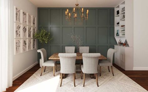 Trimmed Accent Wall, Green Dining Room Walls, Farmhouse Dining Room Design, Dining Room Accent Wall, Green Accent Walls, Soft Sage Green, Green Dining Room, Dining Room Accents, Sage Green Bedroom