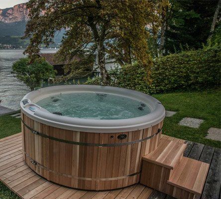 Nordic Round Hot Tubs (Therapeutic) | Master Spas of Wisconsin Backyard Hot Tub, Small Hot Tub, Round Hot Tub, Hot Tub Landscaping, Cedar Hot Tub, Hot Tub Designs, Hot Tub Deck, Hot Tubs Saunas, Hot Tub Backyard