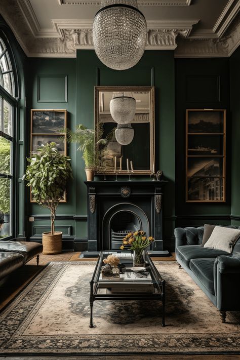 Moody Spaces, Sage Green Living Room, Dark Green Living Room, Livng Room, Bourbon Room, Moody Living Room, Victorian Living Room, Dark Living Rooms, Decor Western