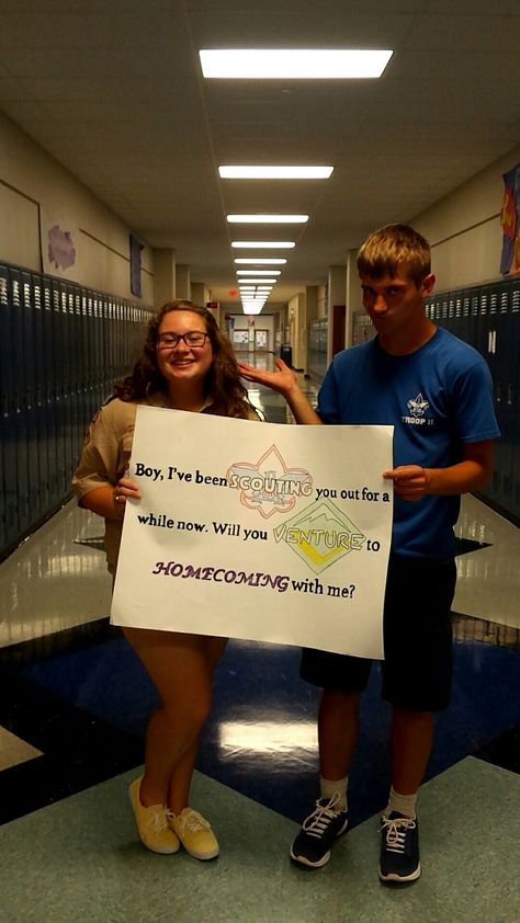 The perfect way to ask a boy scout to homecoming! There is never any guy homecoming proposals! Girl To Guy Hoco Proposal, Sadie Hawkins Proposals, Girl Ask Guy, Bf Stuff, Homecoming Poster, Prom Posters, Homecoming Posters, Sadie Hawkins, Girls Ask