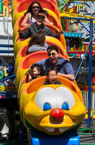 Steven Yao, of Belmont, and sons, from left, Bryce, 3 and Jordan, 5, ride a mini rollercoaster on Saturday, June 8, on the opening day of the 2013 San Mateo County Fair. (John Green/Bay Area News Group) Kids Vehicles, Babe The Blue Ox, Sonic Birthday Parties, Fair Rides, Theme Parks Rides, Sonic Birthday, Cinderella Party, Carnival Rides, Worlds Fair