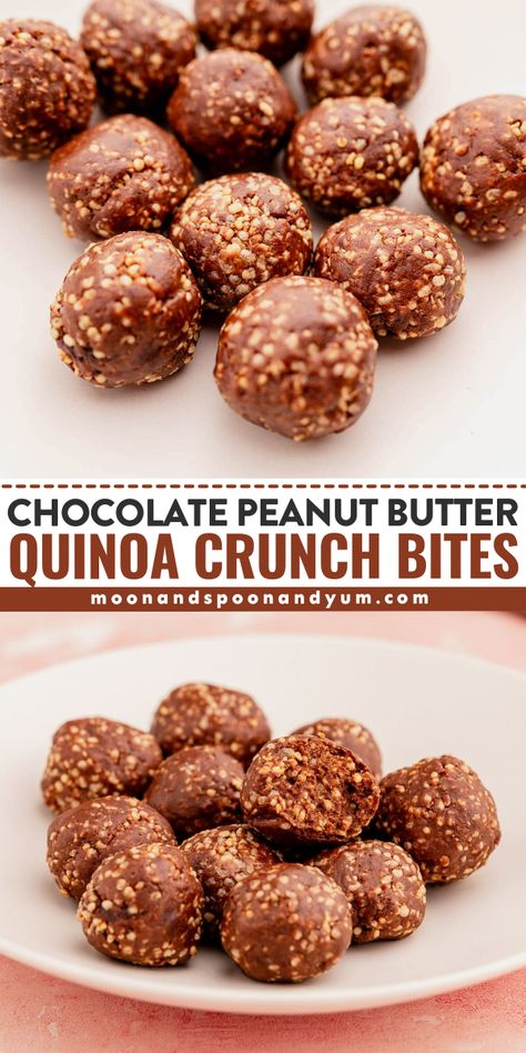 Irresistible chocolate peanut butter quinoa crunch bites packed with nutrient-dense ingredients. Perfect for a healthy snack or dessert! Quinoa Energy Balls, Popped Quinoa Crunch Bars, Quinoa Snack Recipes, Puffed Quinoa Treats, Nutrient Dense Snacks, Quinoa Dessert, Quinoa Dessert Recipes, Peanut Butter Quinoa, Quinoa Desserts