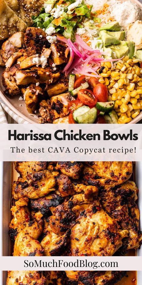 These Harissa Chicken Bowls are inspired by the popular bowl at CAVA! Loaded with tender harissa-marinated chicken, steamed rice, veggies, and drizzled with a tangy harissa vinaigrette. Cava Lemon Chicken Bowl Copycat, Cava Greek Bowl, Cava Harrisa Chicken, Harissa Avocado Bowl Cava, Food Boards Dinner, Honey Harissa Chicken Bowl, Cava Chicken Marinade, Hummus Bowl Chicken, Honey Harissa Chicken Cava